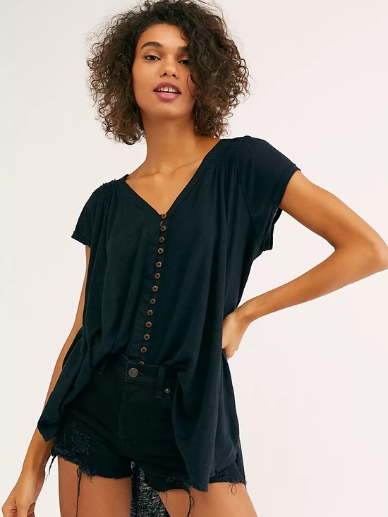 Free People Tops - Free People Highland Tee Linen Blend Black Button-Front V-Neck Cap Sleeve Top S
